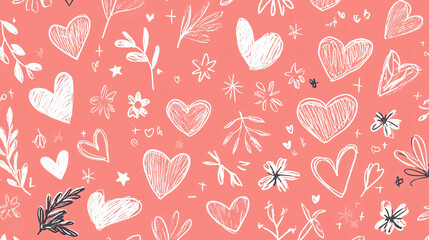 Fototapeta premium Adorable hand-drawn hearts and floral elements create a charming pastel pink pattern, perfect for Valentine's Day or any romantic occasion.