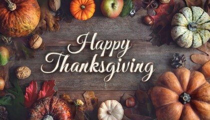 Festive Thanksgiving Day Background with Rustic Wooden Table, Autumn Pumpkins, Colorful Leaves, Walnuts, Pine Cones, and Warm Happy Thanksgiving Text for Holiday Greeting or Seasonal Concept