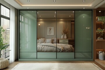 Modern bedroom with built-in mirrored sliding wardrobe featuring sage green panels.