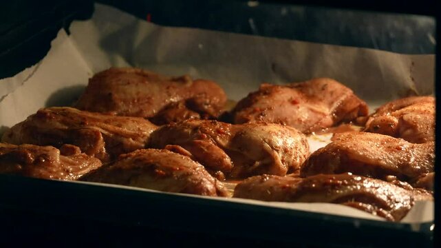 Timelapse Roasted chicken thighs with tomato sauce in a baking dish inside an oven. Close-up food time lapse