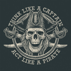 Fototapeta premium Sea pirate skull with crossed sabers, logo illustration.