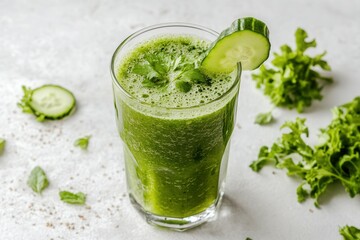 Fototapeta premium Fresh green juice made from celery, cucumber, and spinach sits in a glass garnished with a celery stalk. The vibrant drink showcases its healthy ingredients against a clean white background, perfect f