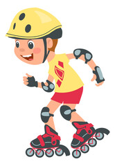 A cartoon boy is riding a roller skate