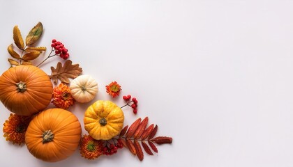Autumn Thanksgiving Flat Lay with Pumpkins, Colorful Leaves, Red Berries, and Copy Space. Perfect for Festive Fall Designs, Holiday Cards, Blog Headers, Seasonal Marketing or Invitations
