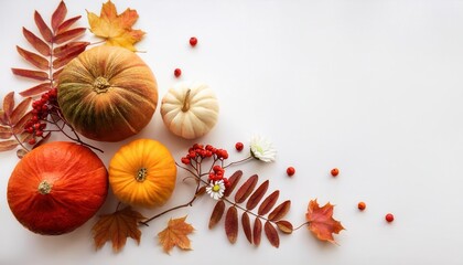 Autumn Thanksgiving Flat Lay with Pumpkins, Colorful Leaves, Red Berries, and Copy Space. Perfect for Festive Fall Designs, Holiday Cards, Blog Headers, Seasonal Marketing or Invitations