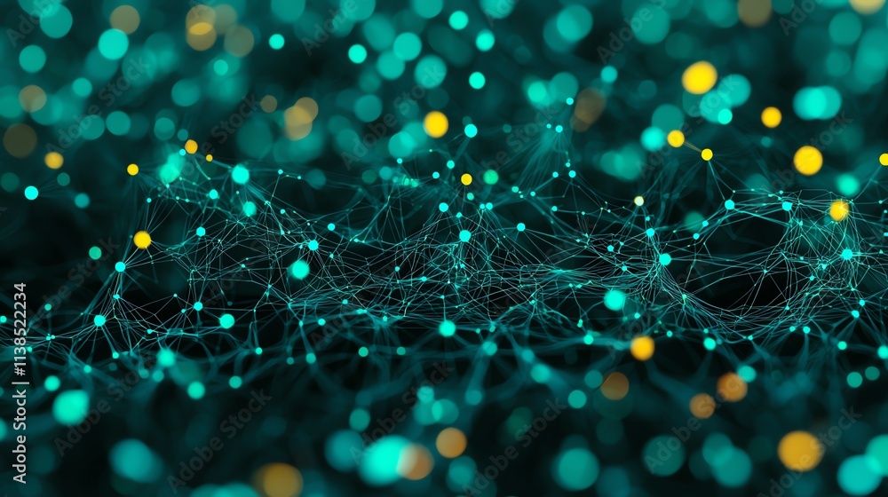 Poster abstract technology background with glowing network connections and vibrant dots.