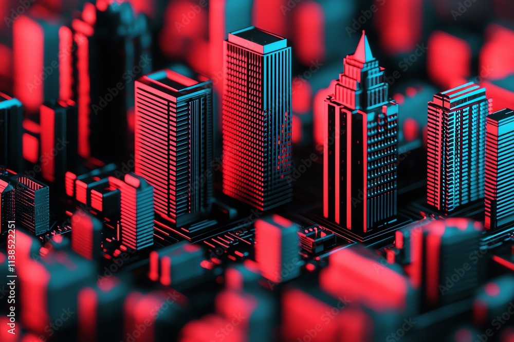 Poster an abstract close-up of a vibrant city skyline with futuristic architecture in red and blue.