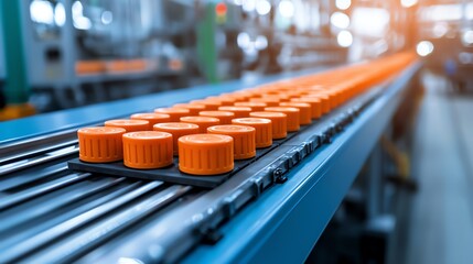 Fototapeta premium Automated production line with orange caps on conveyor belt in modern factory settings.