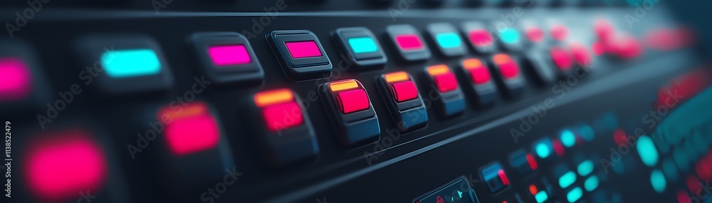 Poster closeup of colorful buttons on a modern electronic device with vibrant lights.