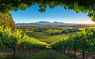 A panoramic view of the contrast between vineyards along one side and rolling hills on the other, with the Eifel mountain range in the background and wine signs visible, a vineyard landscape with a ri