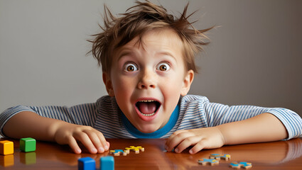 surprised kid sitting at table. child's eyes widened and mouth opened in amazement, Generative AI