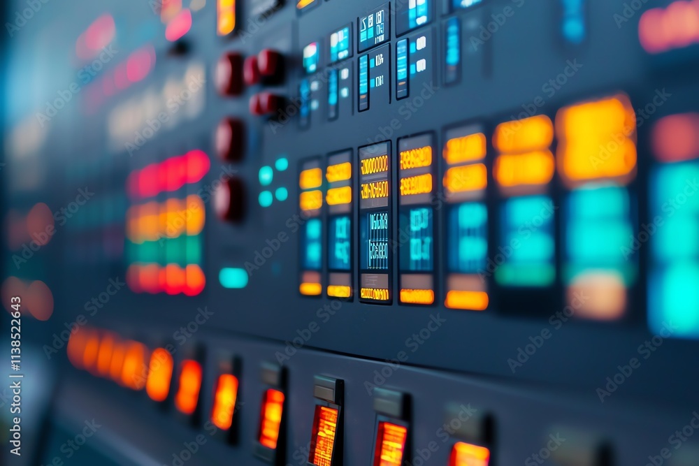 Poster close-up view of colorful control panel buttons and lights in a high-tech environment.