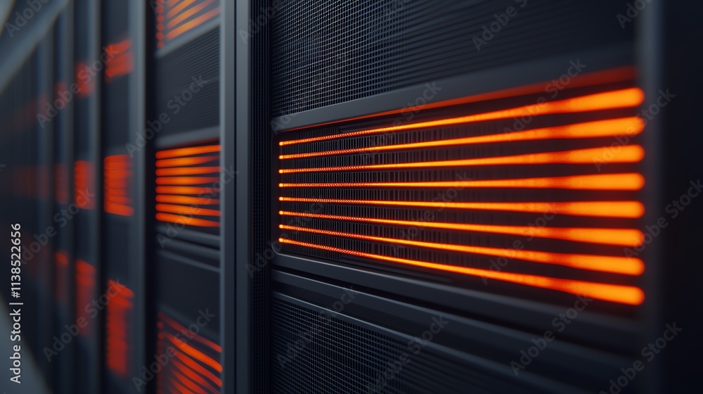 Poster close-up view of illuminated server components in a modern data center.