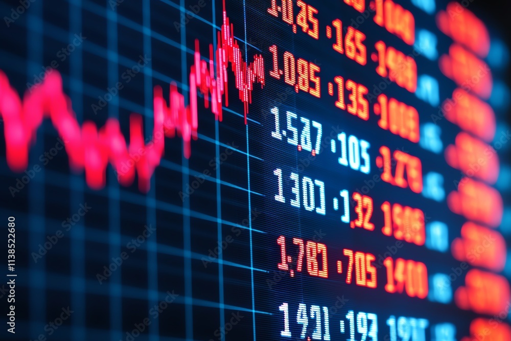 Poster close-up view of fluctuating stock market data on a digital display.