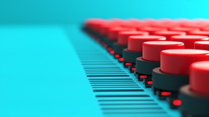 Obraz premium Close-up of vibrant red buttons on a control panel against a turquoise background.