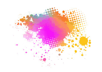 Bright colorful watercolor stain splash splatter brush stroke on white background. Modern vibrant aquarelle spot. Decorative trendy isolated design on white. hand drawn. Not AI. Vector illustration.