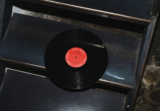 Mockup Of Record With Customizable Label On Stairs, Flash