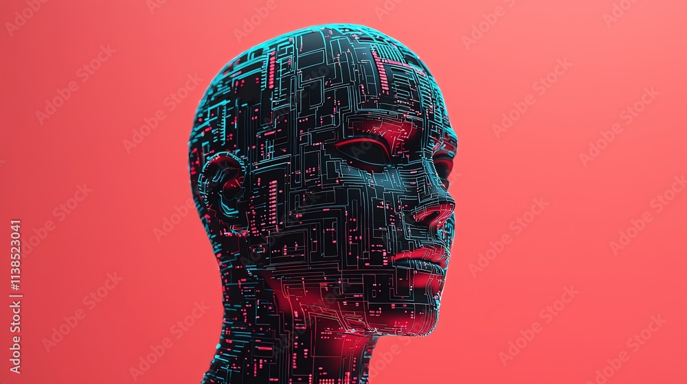 Poster futuristic robot head design with digital circuit pattern on vibrant background.