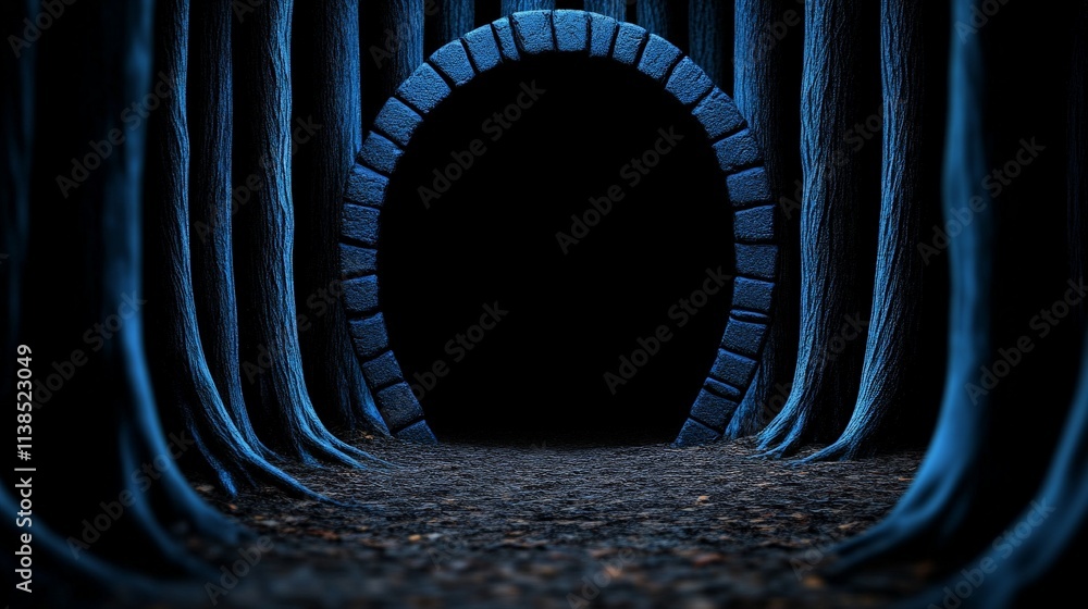 Poster mysterious forest gateway: a haunting image of an ancient stone archway standing tall in a forest of