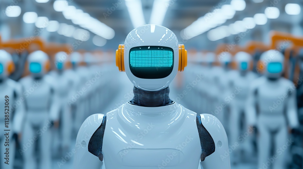 Poster futuristic robot in a modern factory setting, symbolizing advanced automation.