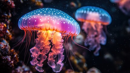 Obraz premium Two vibrant jellyfish illuminated in a dark underwater scene.