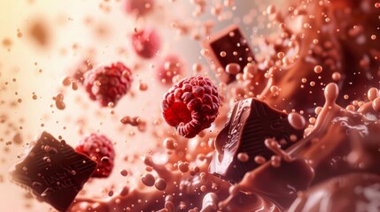 Dynamic splash of chocolate cubes and raspberries in motion