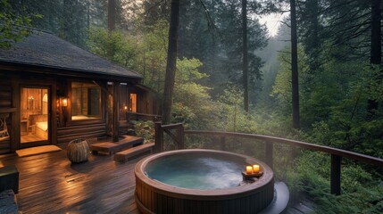 Serene Wooden Cabin with Hot Tub Amidst Lush Forest Landscape