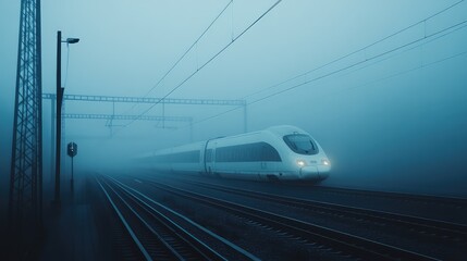 Naklejka premium A high-speed train gliding through a foggy morning, with the mist creating an ethereal effect as the train races along the track
