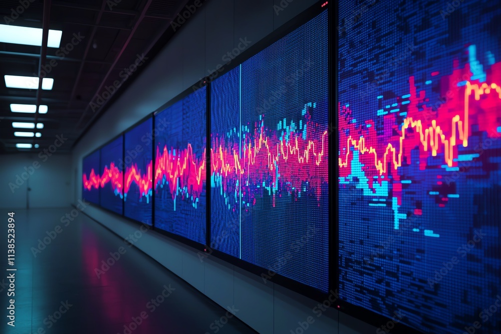 Poster vibrant digital displays showcasing data visualization in a modern environment.