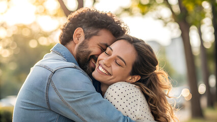 Fototapeta premium Close-up of couple hugging tightly outdoors, joyful expressions in warm light, cozy and loving atmosphere with soft-focus tree background