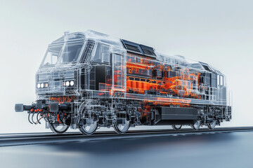 modern semi transparent locomotive with its engine and transmission visible inside. The locomotive