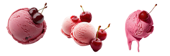 Set of delicious cherry ice cream scoops with fresh cherries isolated on white background