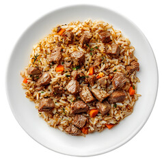 Bowl of biryani with chicken pieces PNG cutout isolated on white and transparent background.

