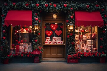 Romantic valentine's day display boutique street retail window cozy atmosphere front view love and celebration