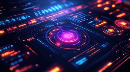 Obraz premium Futuristic Tech Interface, A Futuristic Tech Interface UI Panel in Neon Style, Digital Dashboard Futuristic Tech Interface for Sci-Fi Design