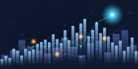 Business financial graph with uptrend line and bar chart of stock market on blue color background