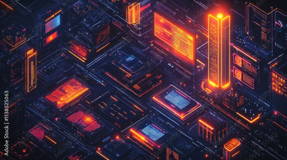 Poster a vibrant digital landscape with glowing structures and intricate circuitry.