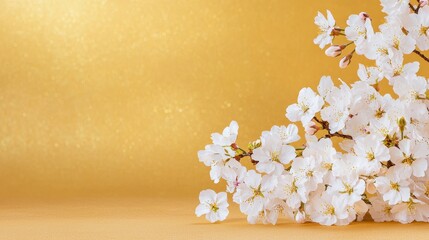 Cherry blossom branches in bloom against a golden background nature photography floral aesthetics minimalist style