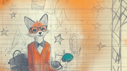 A whimsical hand-drawn illustration of a fox wearing glasses and a bowtie, dressed in an orange vest, set against a sketchy background with stars and playful patterns