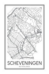 Printable downtown road map poster of the Dutch city of SCHEVENINGEN on solid white background with city name
