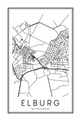Printable downtown road map poster of the Dutch city of ELBURG on solid white background with city name