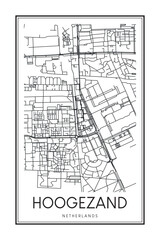 Printable downtown road map poster of the Dutch city of HOOGEZAND on solid white background with city name