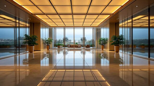 A unique perspective of the modern office ceiling showcases the symmetry and design elements.