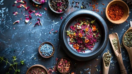 Top view of spices and herbs in bowls on a dark surface