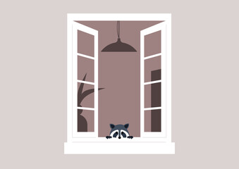 With a playful expression, a curious raccoon leans out from an open window, capturing the essence of the wild blending with home life in a calm and cozy atmosphere