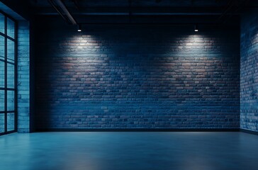 A modern blue studio featuring a raw brick wall and soft ceiling lighting, with an empty floor