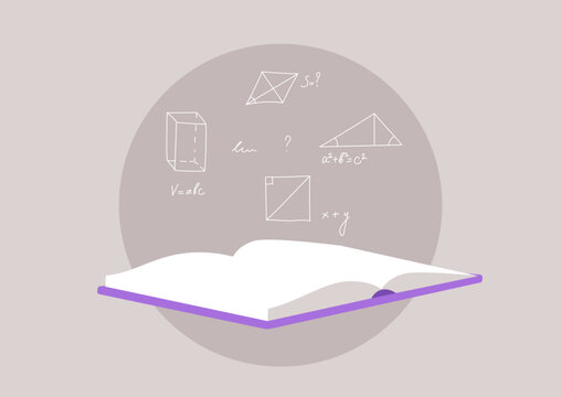 Engaging with a math textbook that highlights key geometric shapes and formulas, encouraging deep understanding of mathematical principles in an inspiring setting