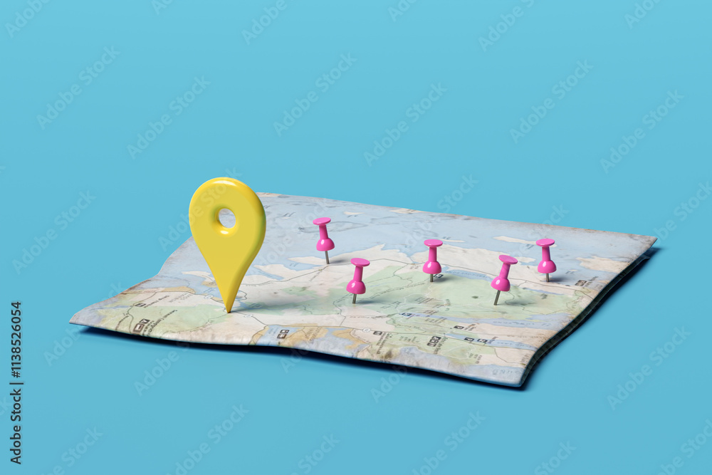 Poster yellow location icon and push pins showing destination points on map