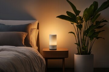 Cozy bedroom with modern lamp and potted plant in soft lighting.