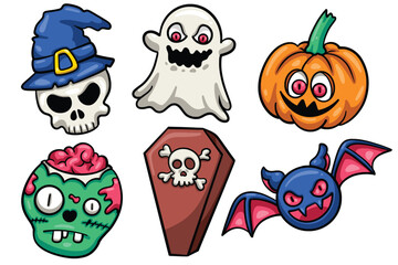 Set of Hand drawn halloween element. collection of skull, ghost, pumpkin, zombie, coffin, bat Isolated Vector